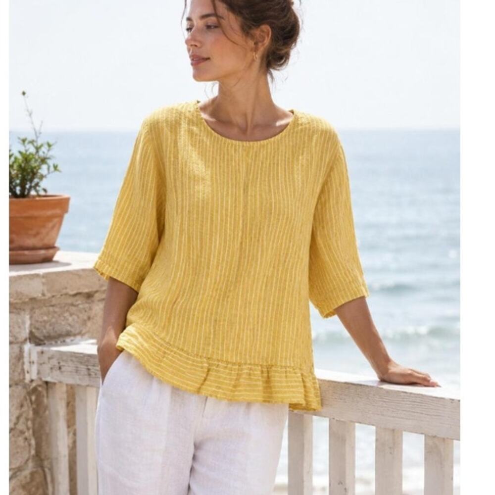 NWT Lungo L'arno Italy 100% Linen Top Womens L Mustard Yellow Coastal Boho Tunic
